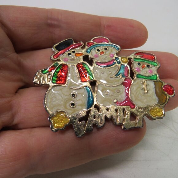 Vintage Enamel Snowman Family Winter Holiday Brooch Lapel Pin - Picture 2 of 10